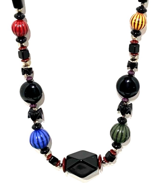 2 VTG 60s Bold Chunky Black Bead Necklaces: Multicolor Mod Lucite 26″ Solid 19″