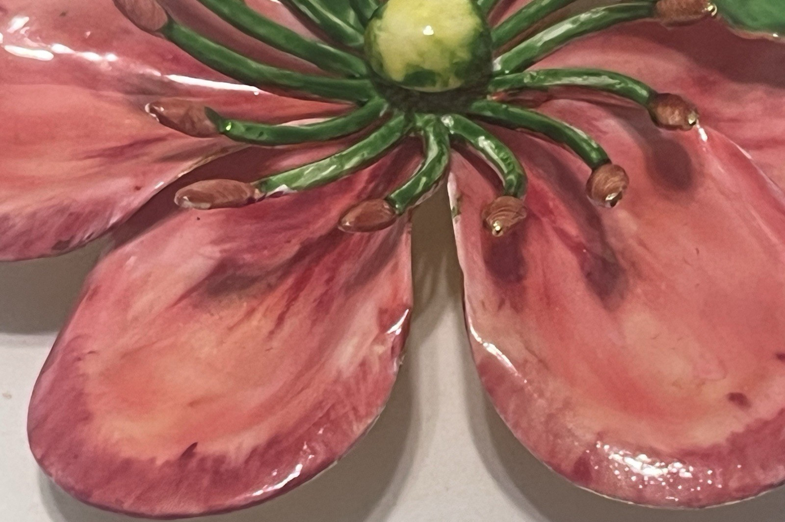 Vtg Hattie Carnegie Enamel Flower Brooch W/ 3D Pink Petals And Green Pistils