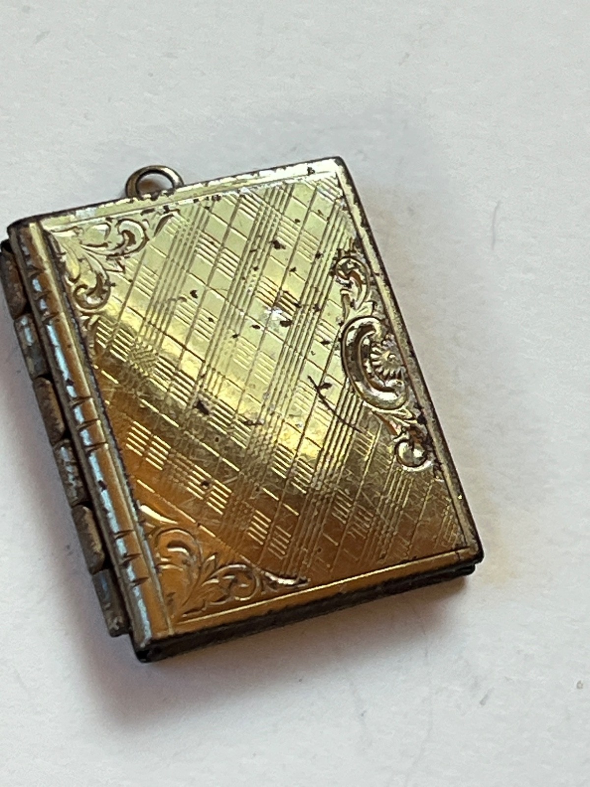 Vintage Etched Goldtone Book Locket Pendant – about 1 x 0.75 inches not includin