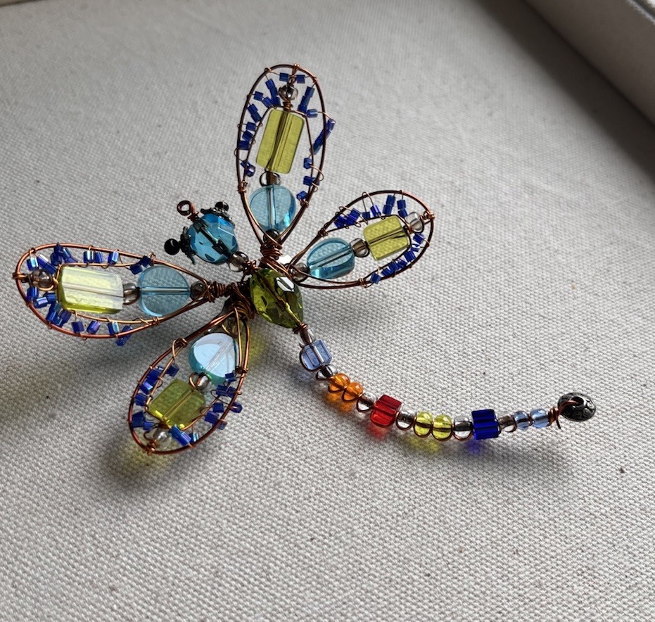 Vintage Handmade Copper Wire Multicolor Glass Beaded Dragonfly Large 4” Brooch