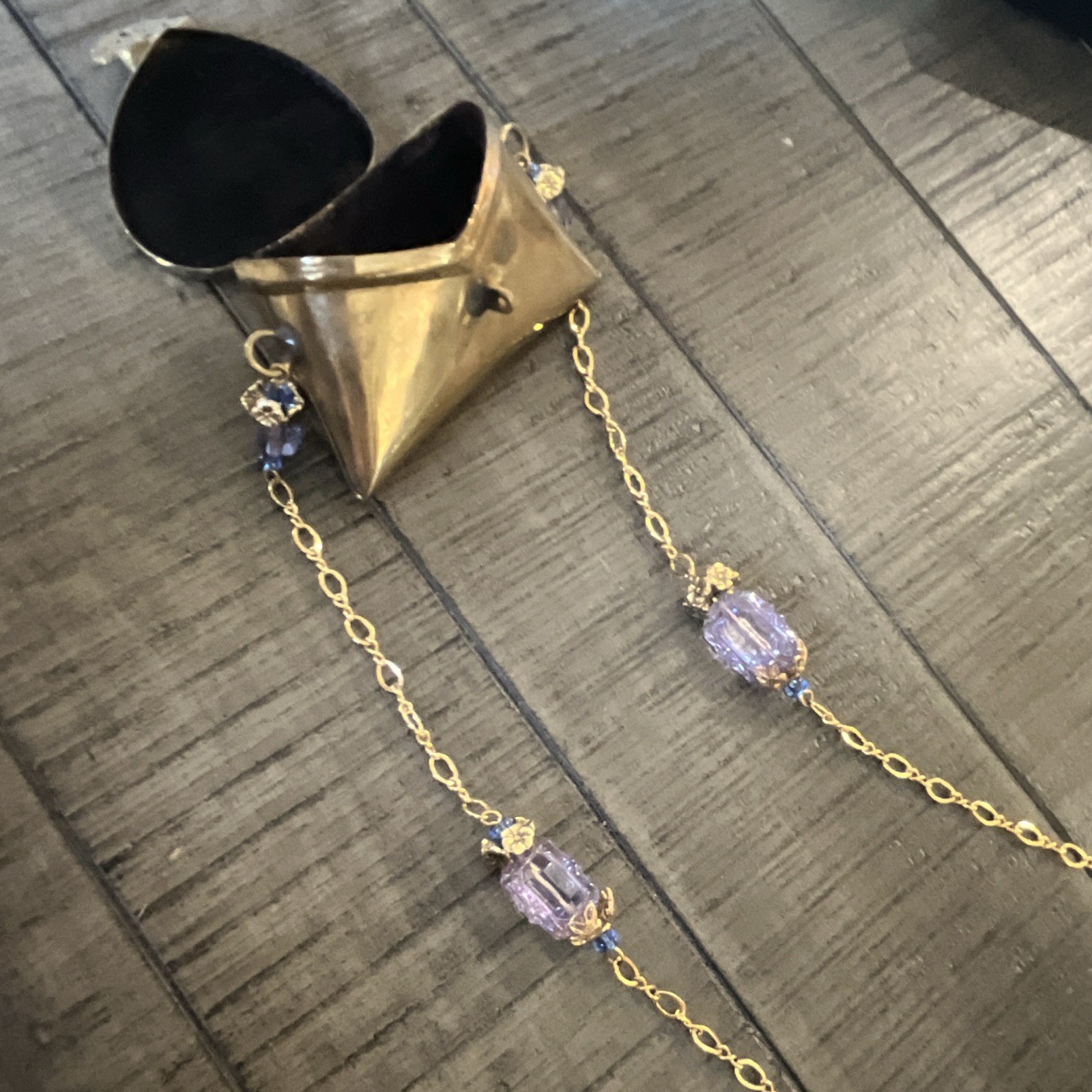Antique Iris Lane pillow purse, necklace brass on gold filled chain.