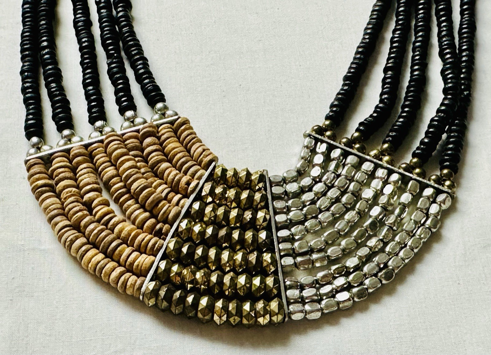 Black Brown White Bead Multi Strand Cleopatra Style Collar Necklace n980