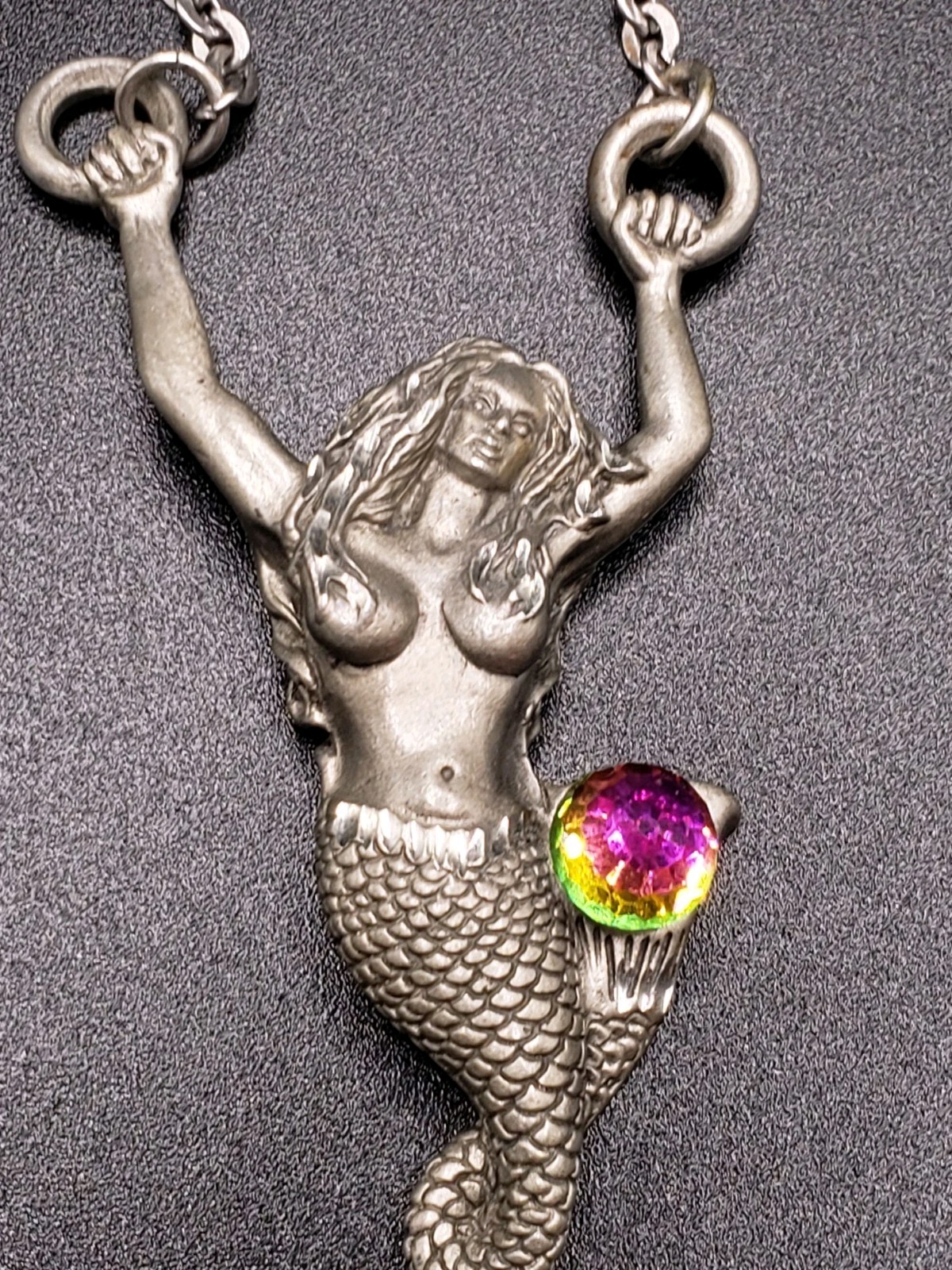 Rare Vintage Fable Mermaid Necklace Fantasy Pewter Tone Pendant AB Rhinestone
