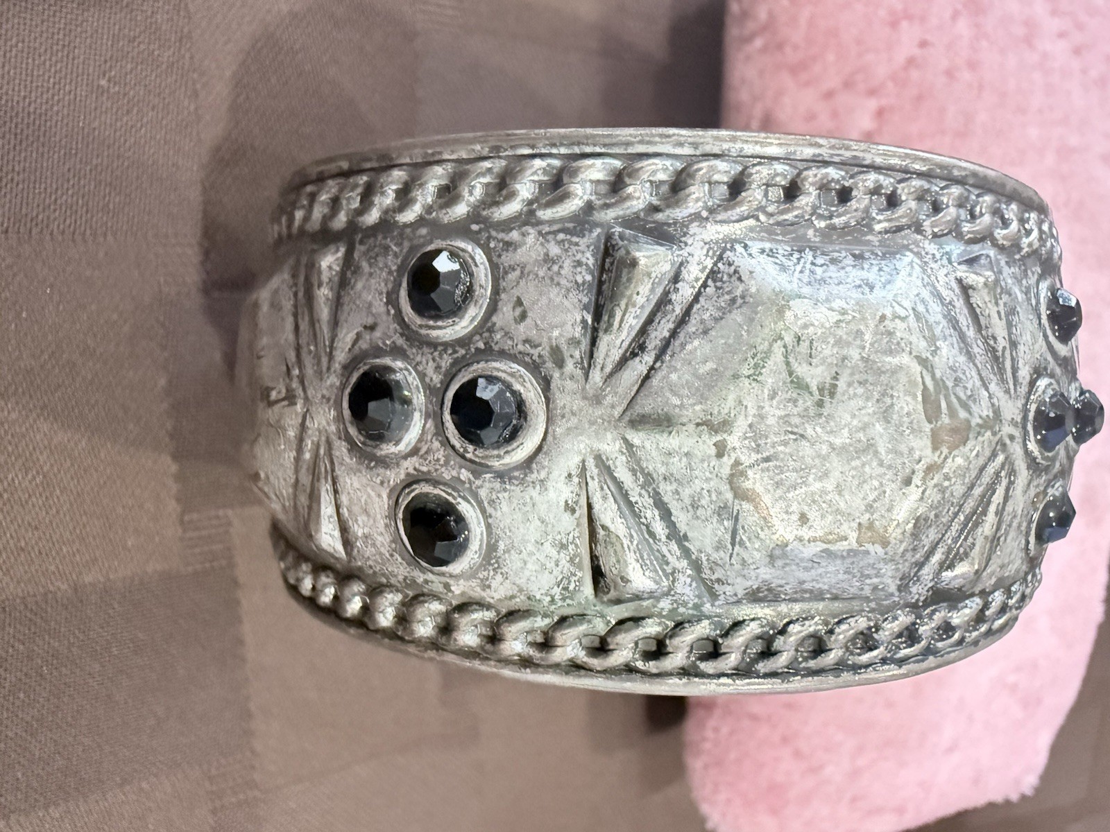 Vintage Wide Silvertone Tribal BangleBracelet with Black Stones