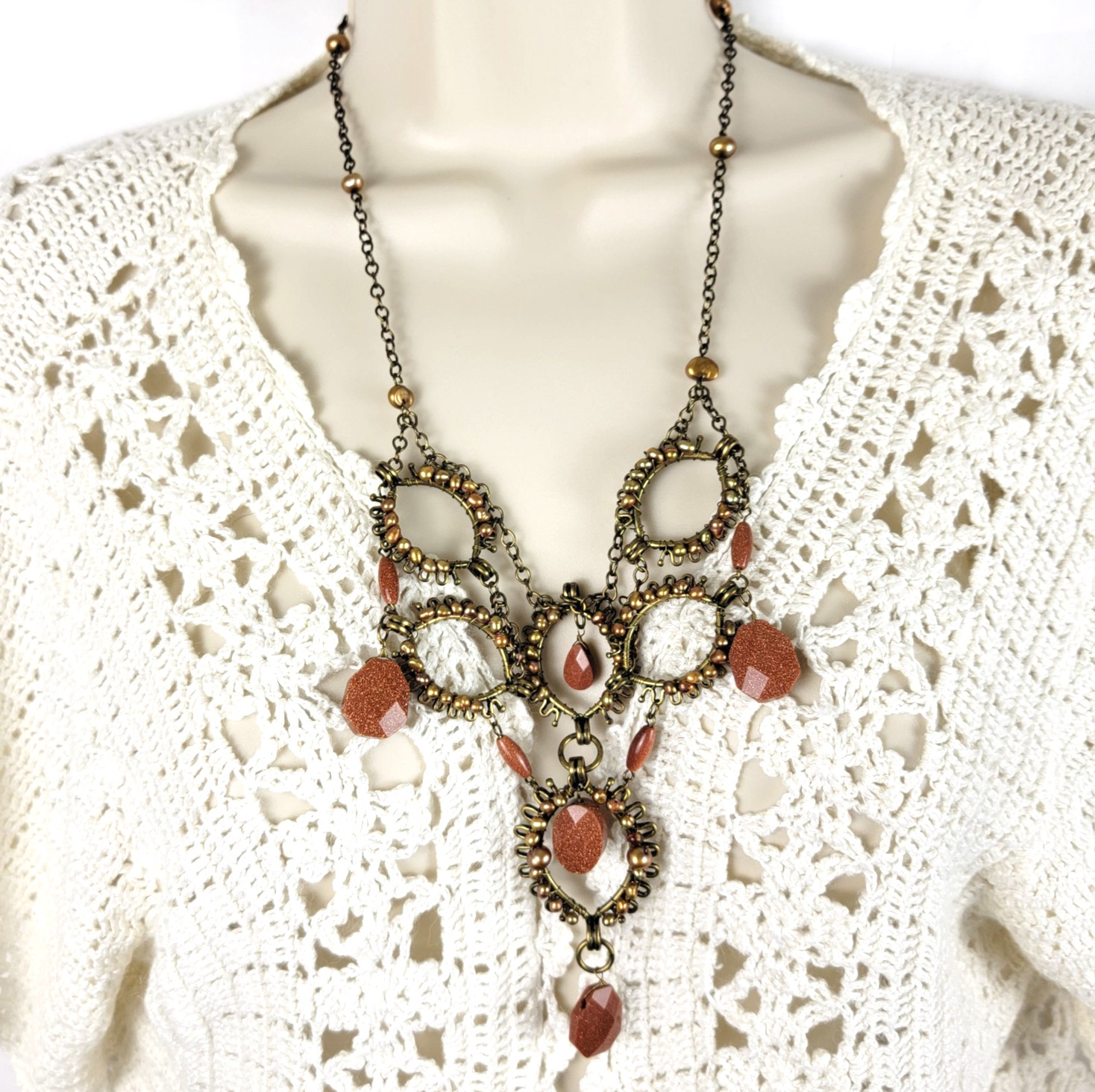 Vintage Coldwater Creek Goldstone and Pearls Bronze Tone Bib Festoon Necklace