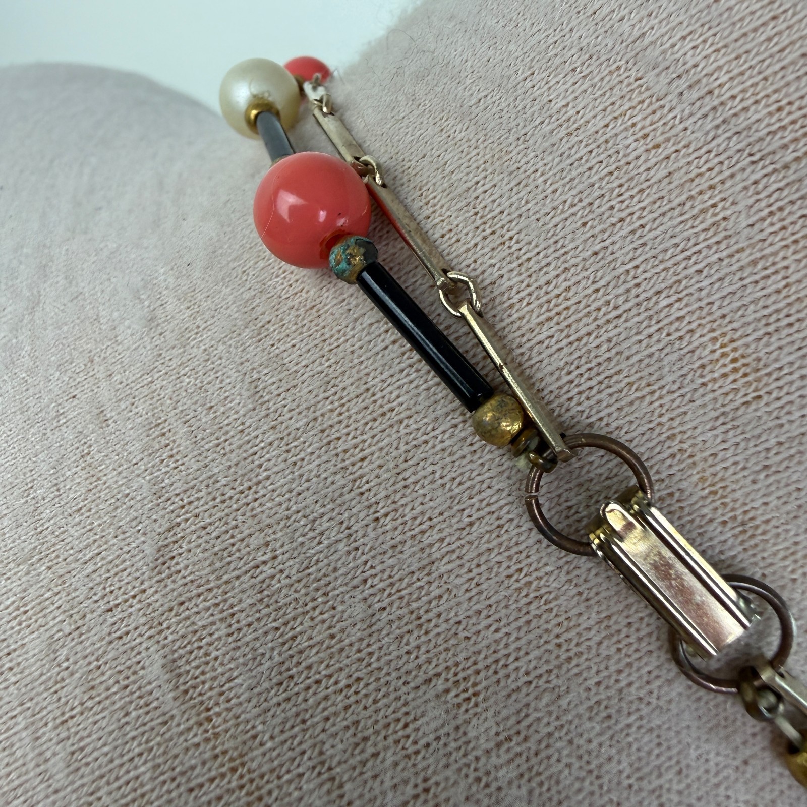 Vintage Two Strand Pink, Faux Pearl, Black Gold Tone Chain Necklace 22.5″