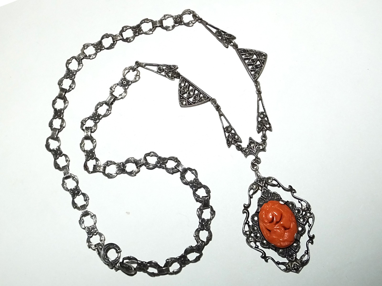 Antique Edwardian Art Deco Floral Carved Faux Coral Marcasite Sterling Necklace