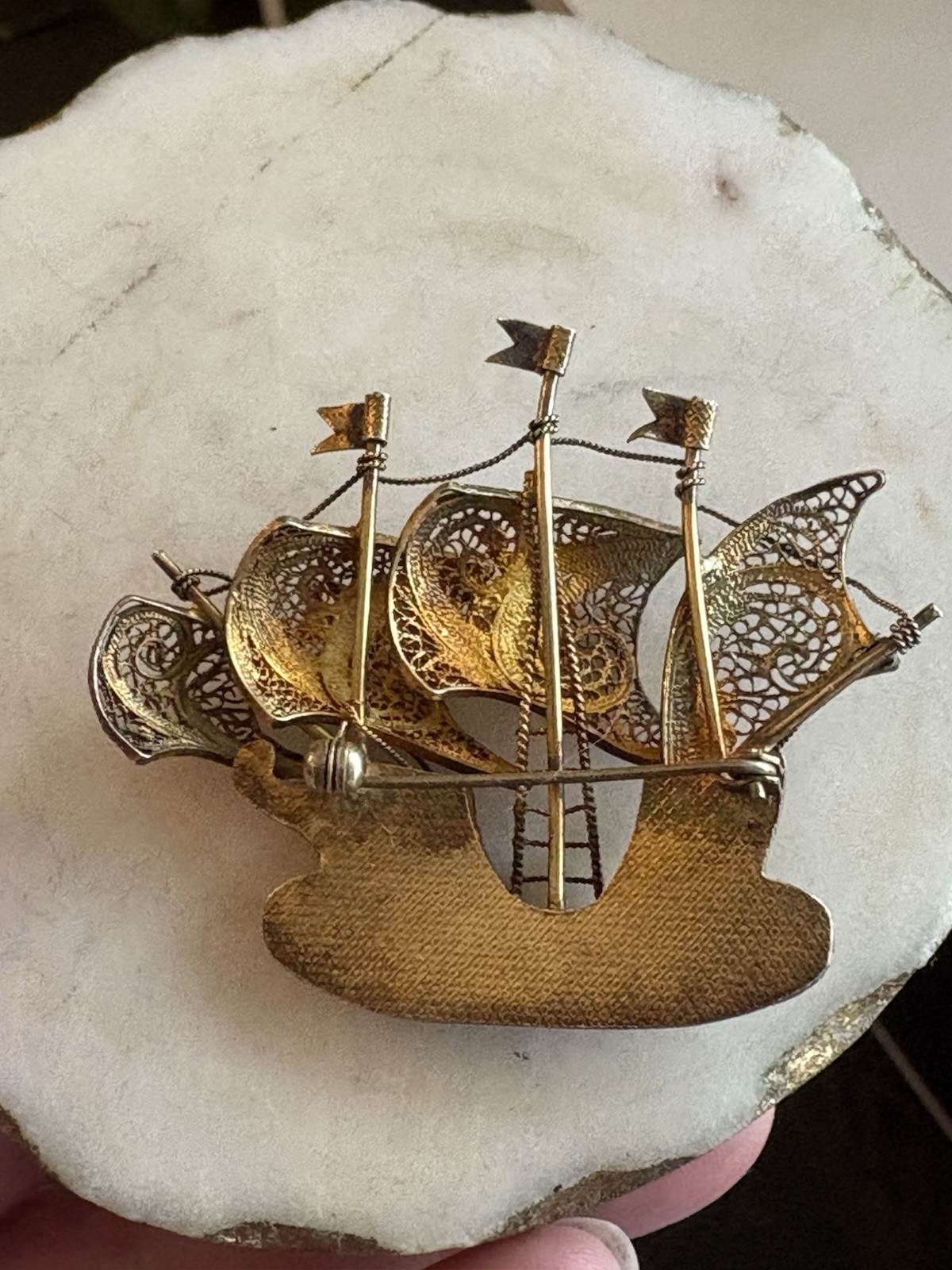 vintage gold-tone Portugal sailing ship brooch Pin filigree blue enamel letters