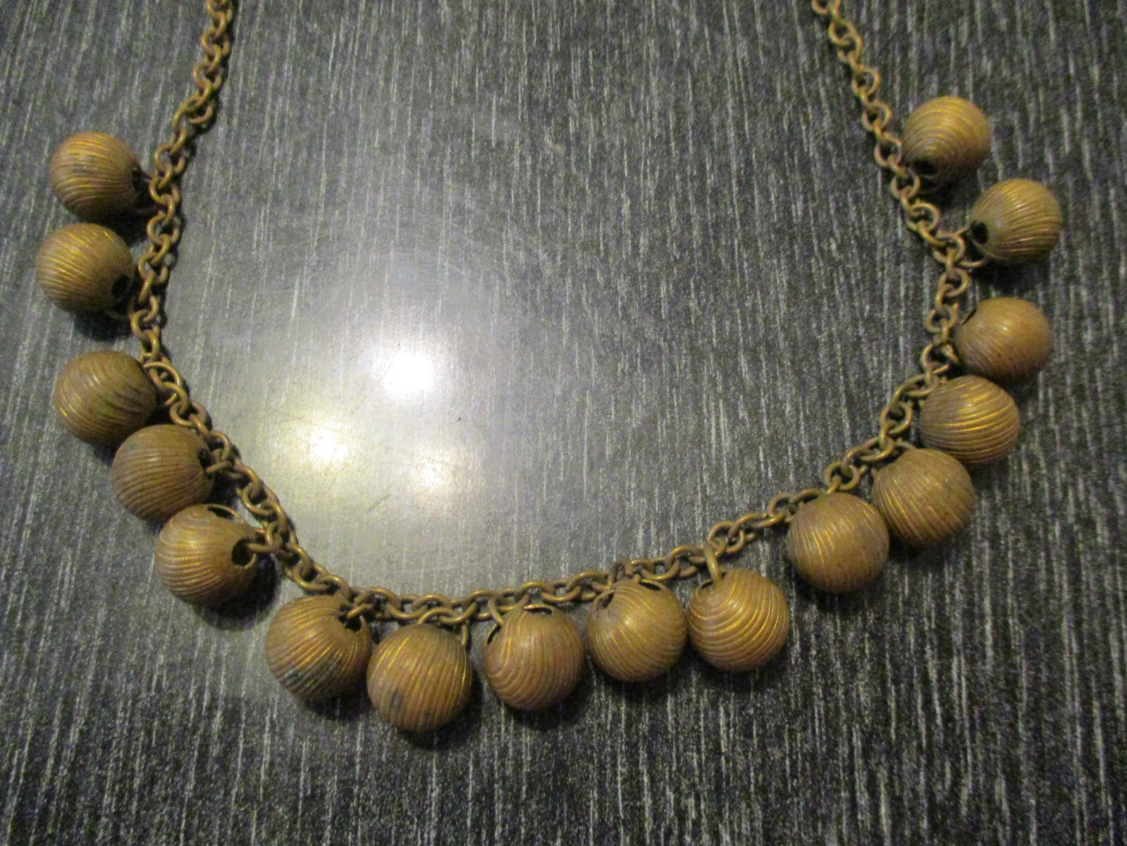 Antique Victorian Vintage Dangle Drop Brass Bead Charm Chain Choker 16″ Necklace