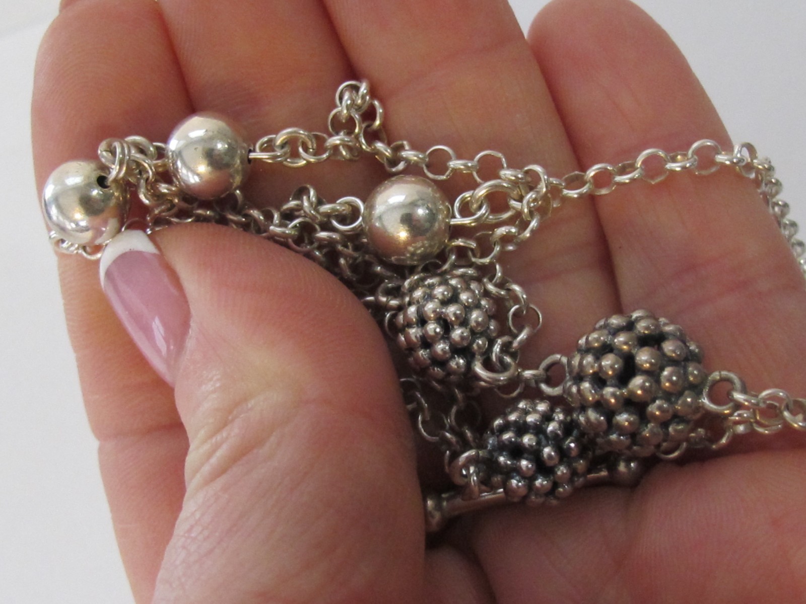 Vtg Michael Dawkins Sterling Silver Popcorn & Smooth Bead Station Necklace 22″
