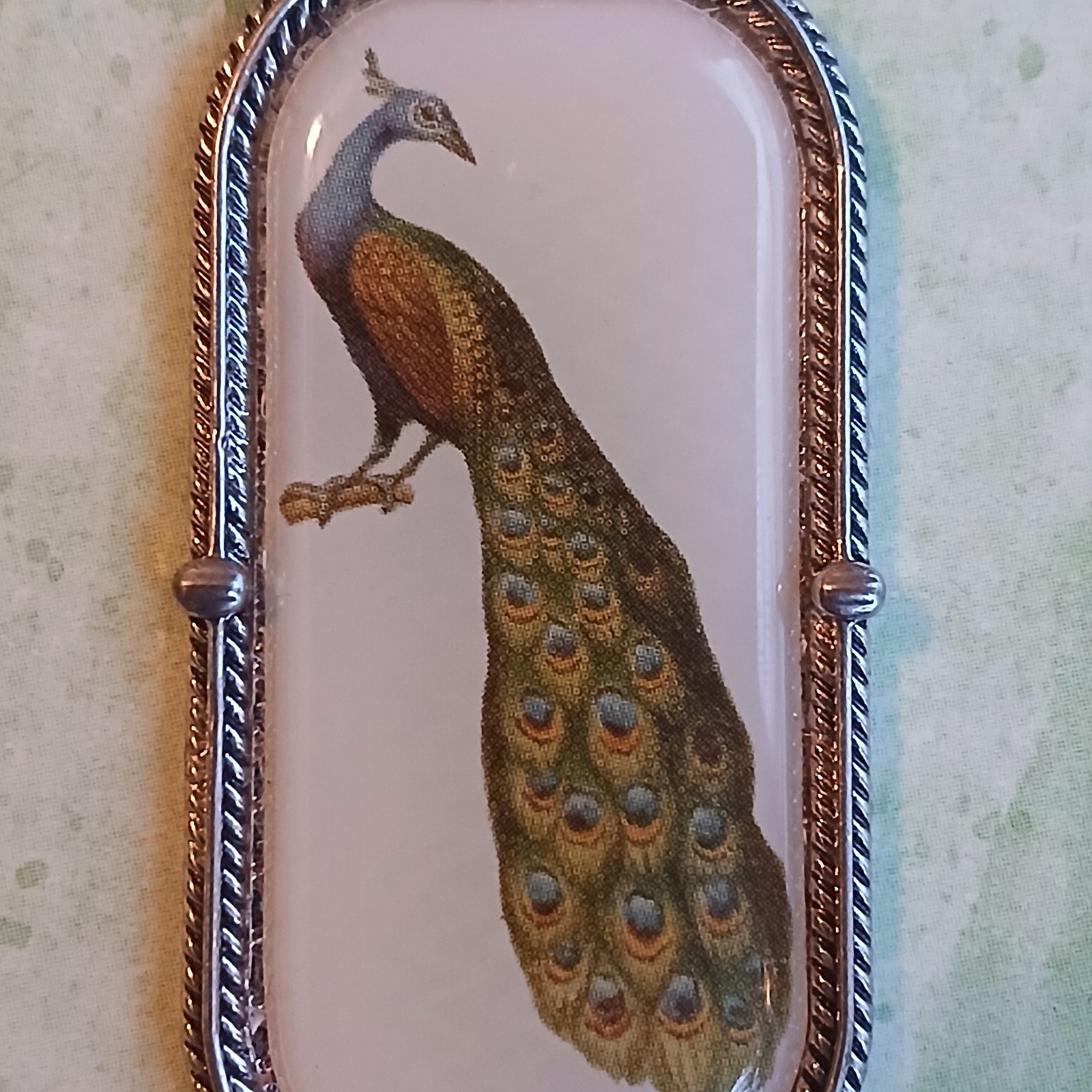 Vintage Pretty Peacock Bird Pendant Ceramic Rectangle Silver Tone 1 × 2 Inches