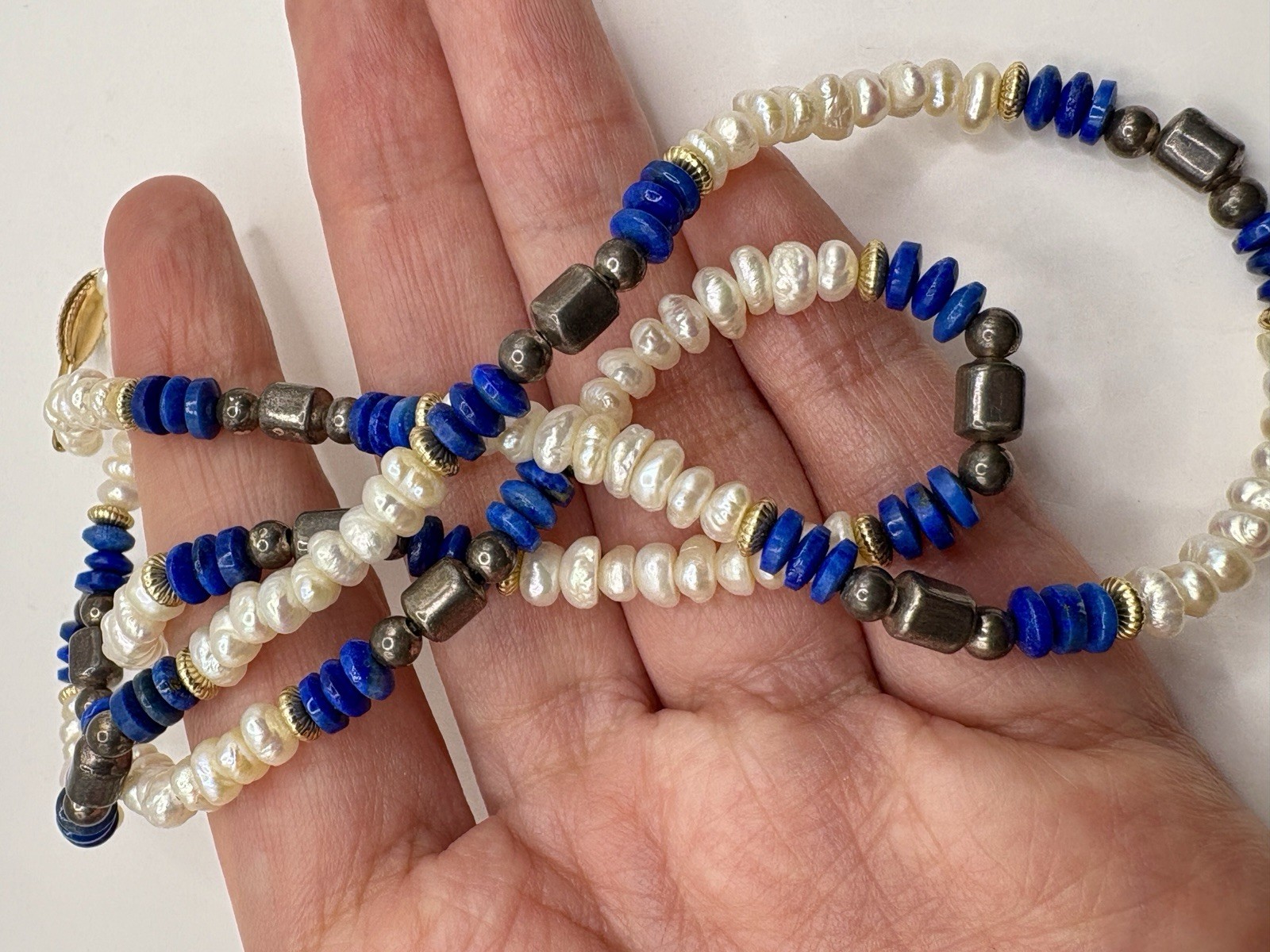 Vintage Rice Pearl Lapis Lazuli sterling silver Necklace Fish Hook Clasp 24”
