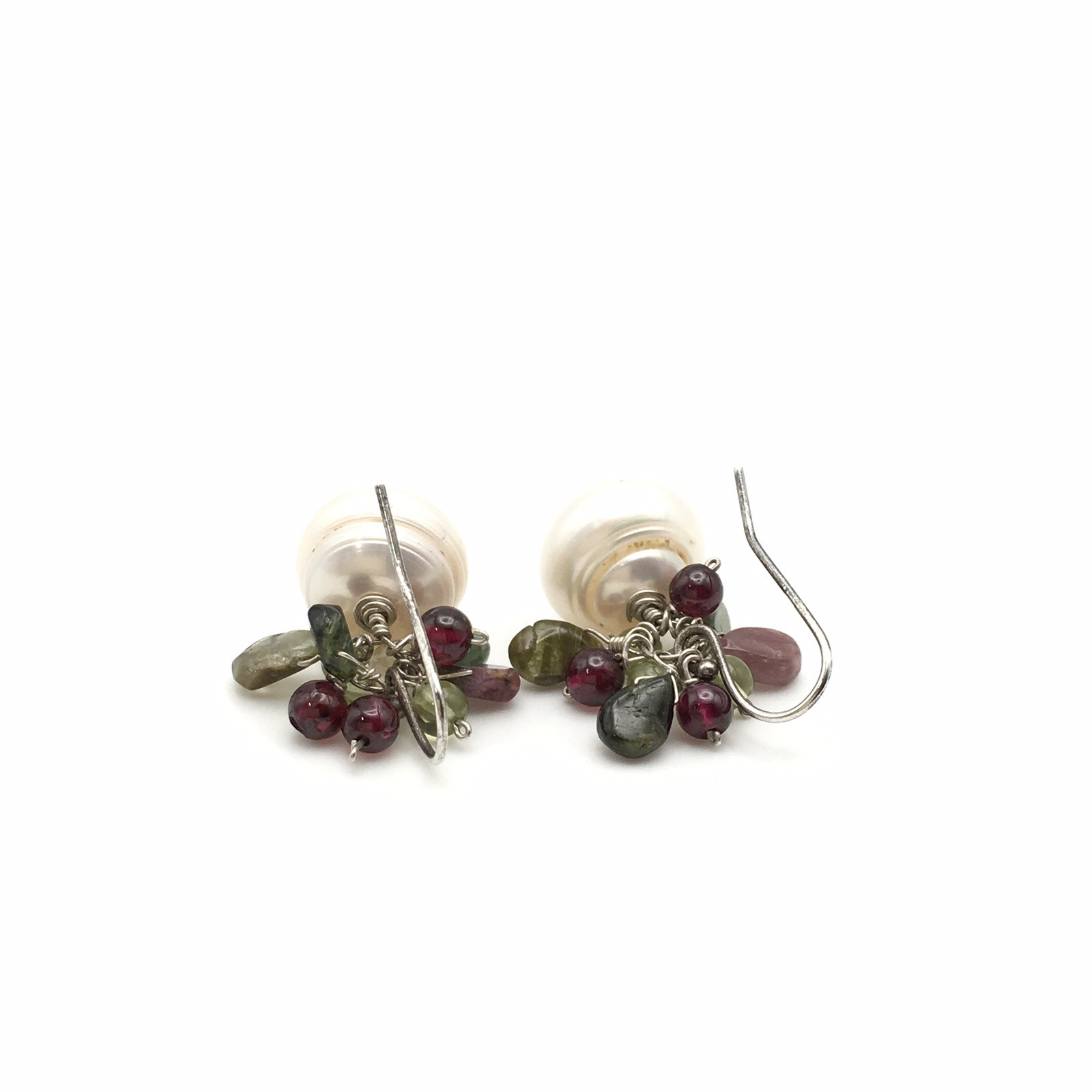 Vintage Sterling Silver Pearl Garnet Green Stone Hook Dangle Earrings 925 8g #92