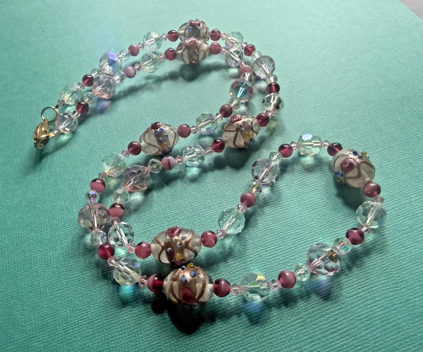 Vintage Venetian Wedding Cake Pink Glass Faceted Crystal Beads Long 31″ Necklace