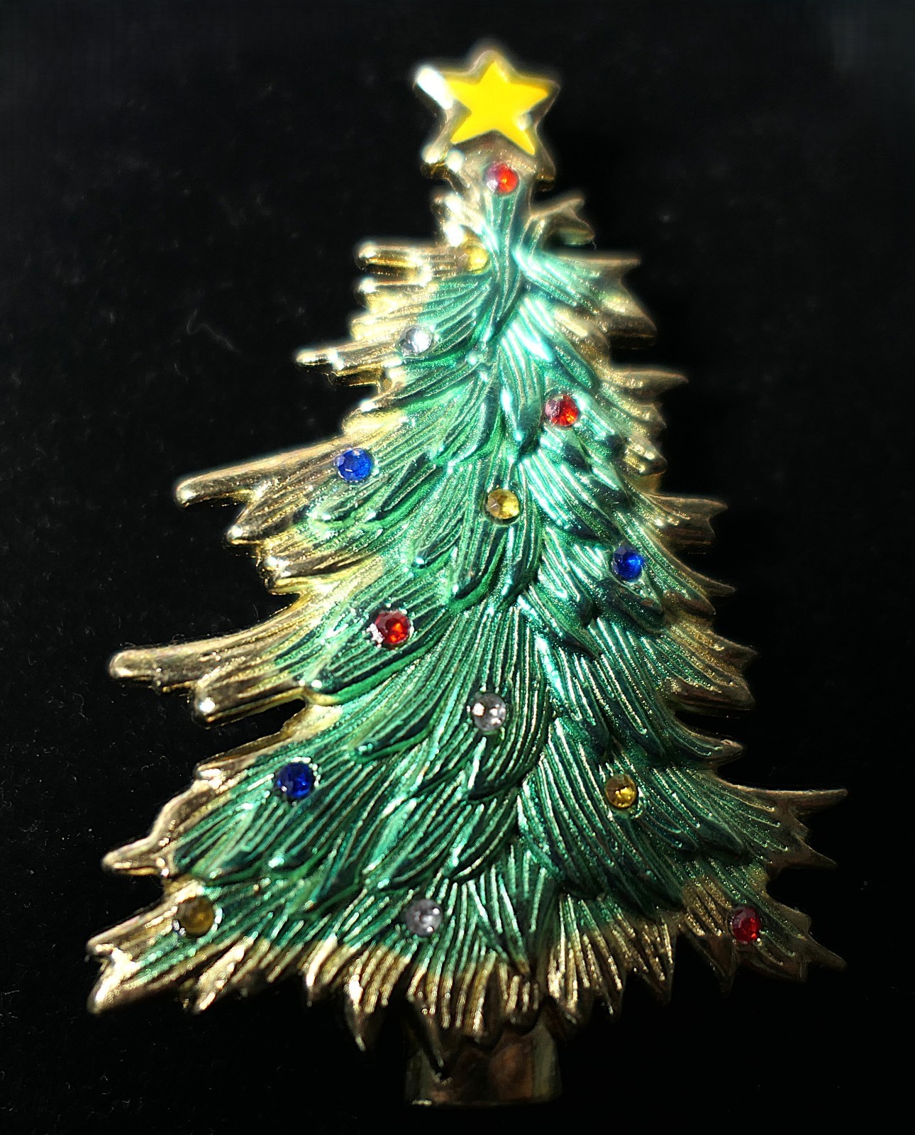 Vintage Gold Wash Christmas Tree Brooch Enamel Multi-Colored Rhinestones Signed