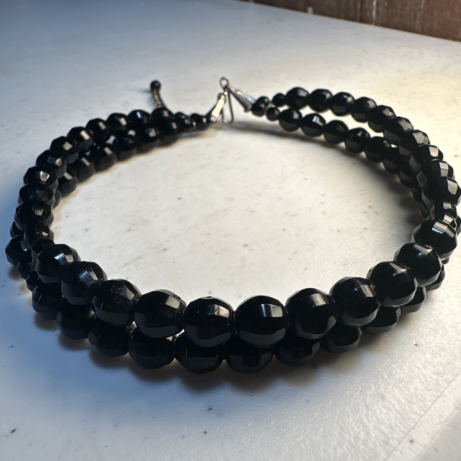 Vintage Faceted Black Bead Choker Style Necklace Double Strand Fish Hook Clasp