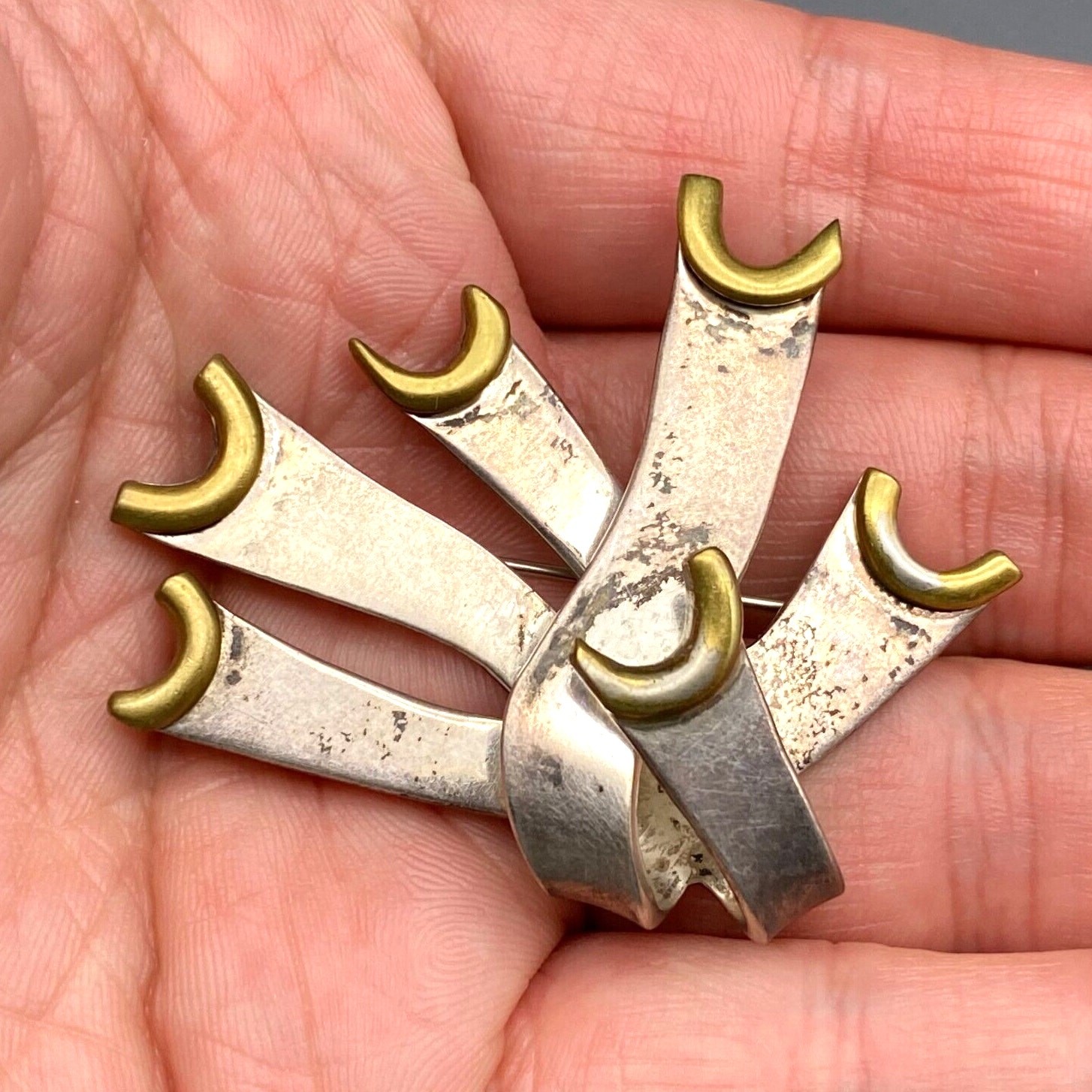 Vintage Modernist Abstract Mixed Metal Sterling Silver Brass Pin Brooch