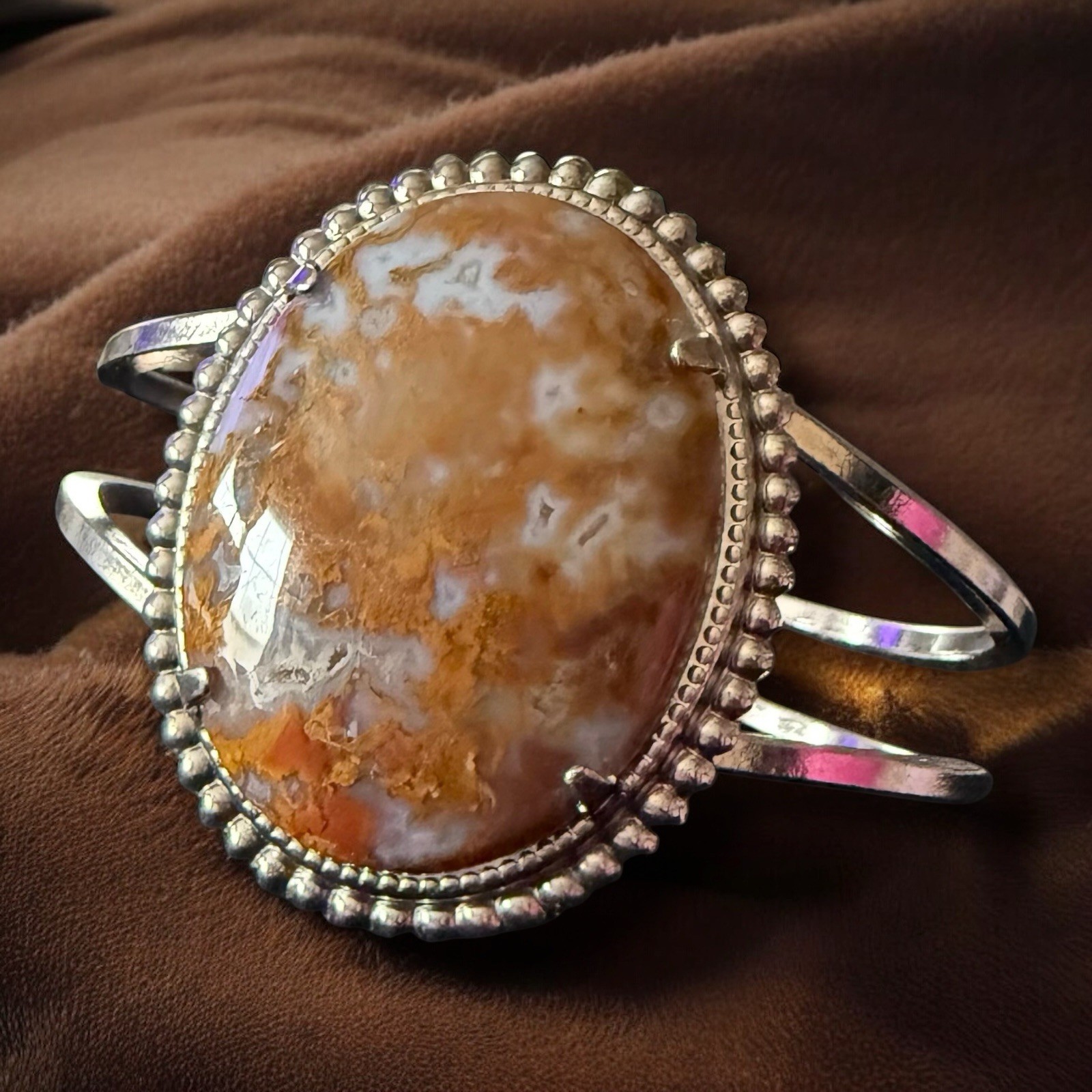 Silver Tone Agate Cuff Bracelet Vintage Blaze Orange Stone Small Wrist 5 Inches