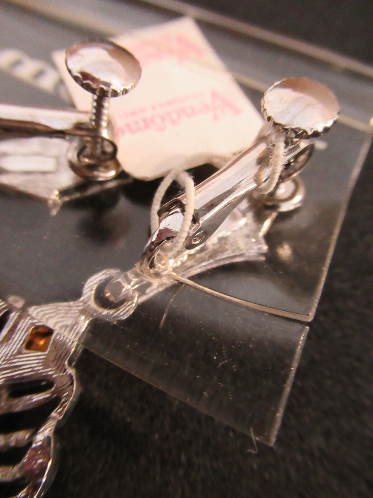 Vendome Silver Tone Rhinestone Earrings Signed Heavy Adjustable Clip on NOS