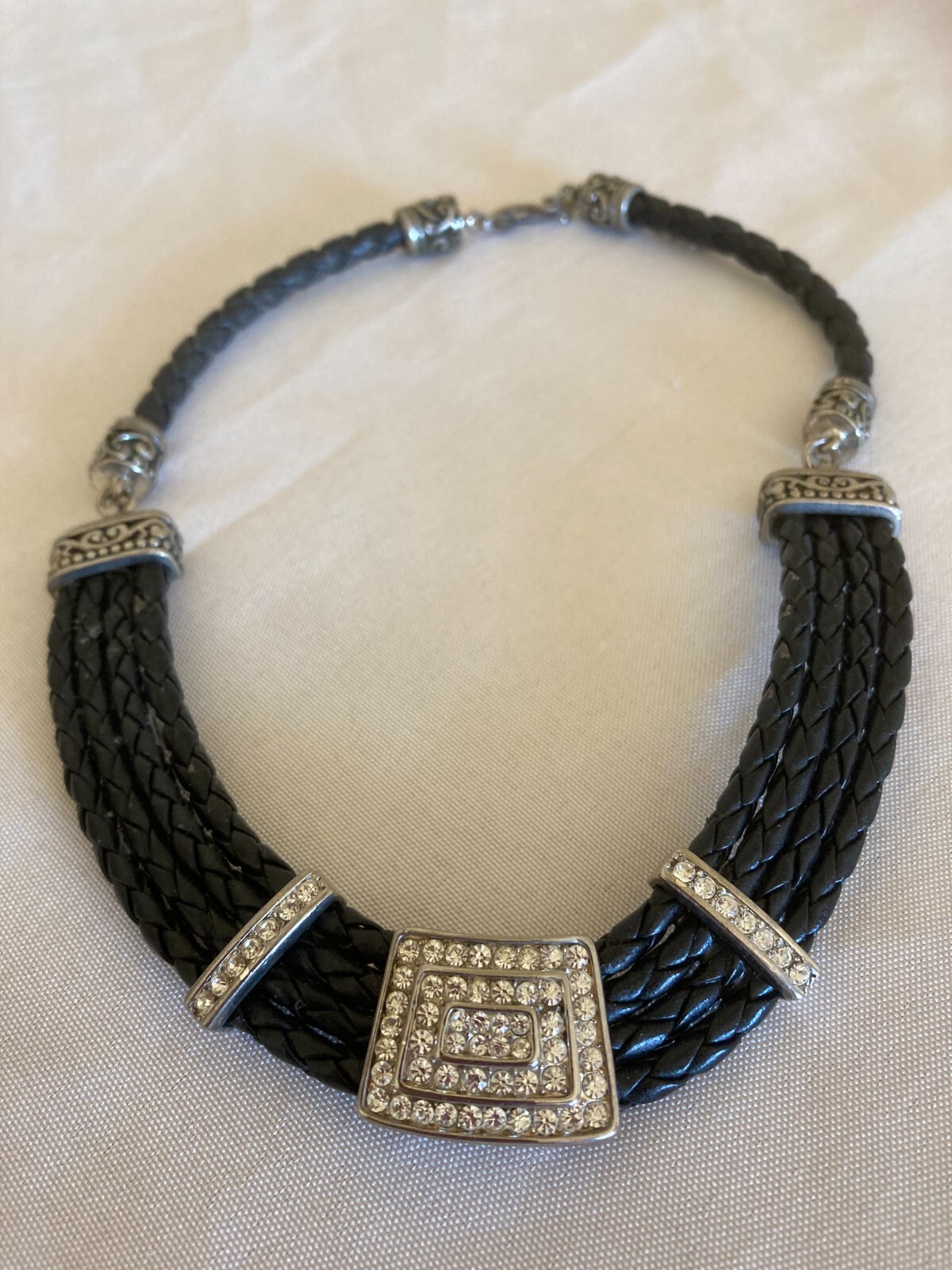 Vintage Rhinestone Accented Black Braided Leather Statement Necklace – 17″