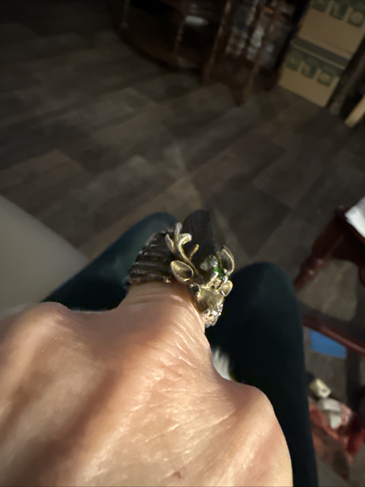 Vintage Reindeer Ring Sterling With A Black Beryl Stone And A Green Stone Size 8
