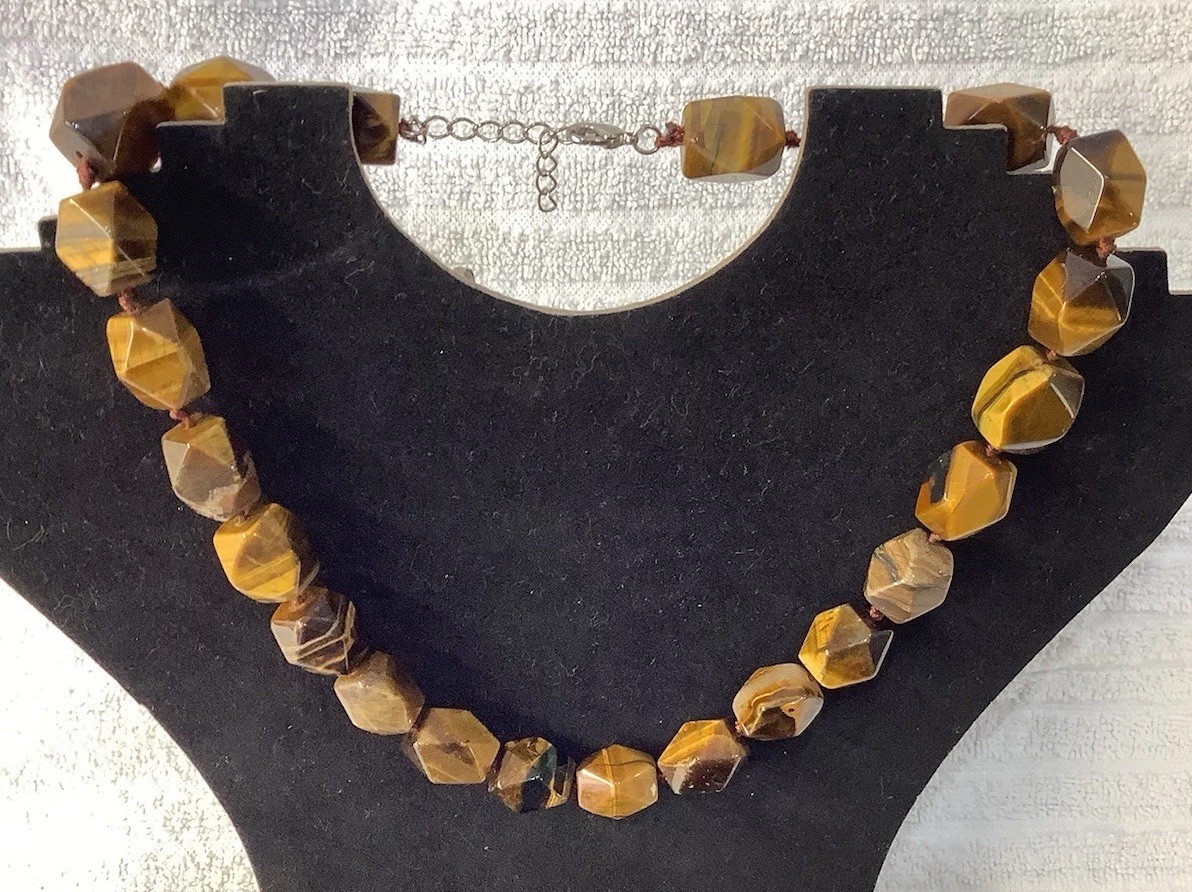 Vintage Large Chunky Beaded Faceted Polished Tiger Eye Gemstone Necklace 18”