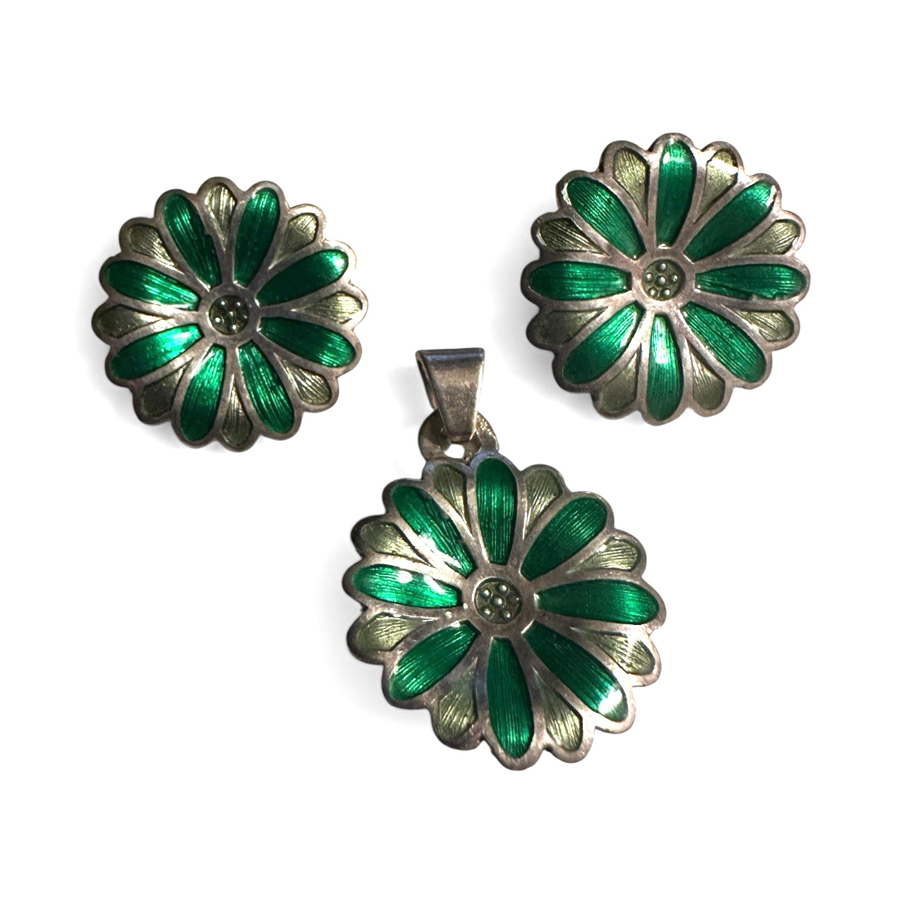 VTG Sterling Silver 980 Mexico Handmade Carved Enamel Flower Pendant & Earrings