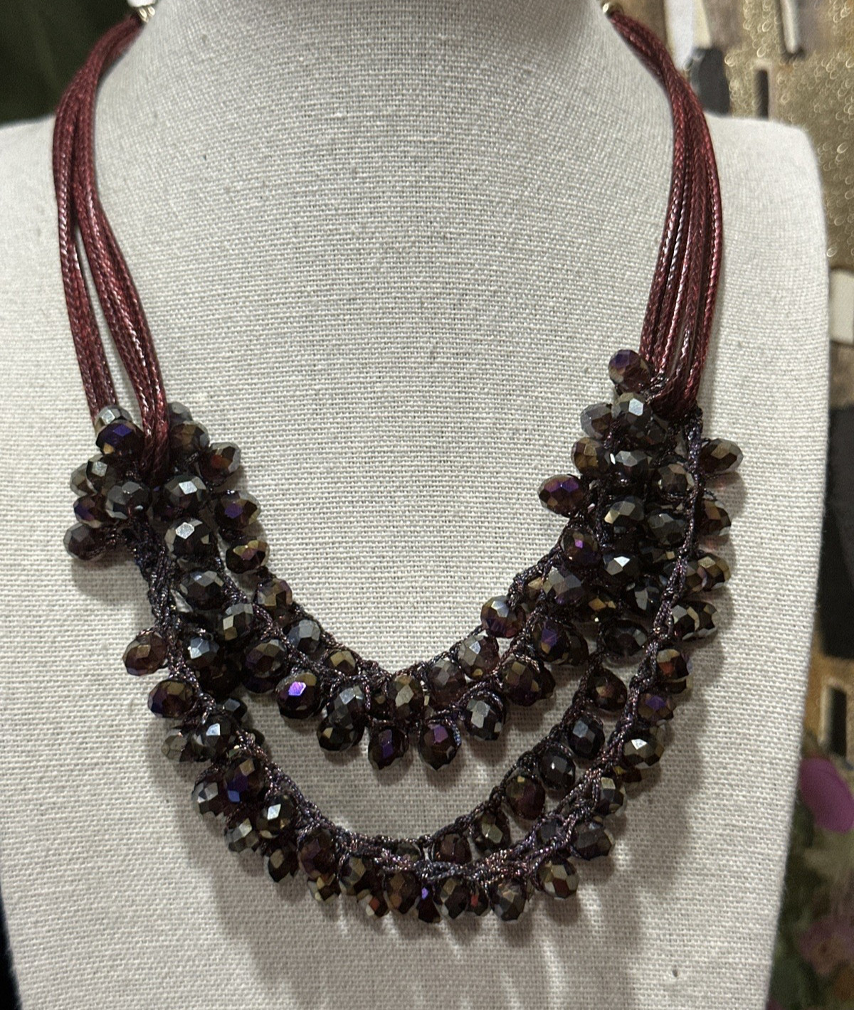 Faceted Purple Beaded Statement Necklace Burgundy Cord Gold Tone 18” Adjustable