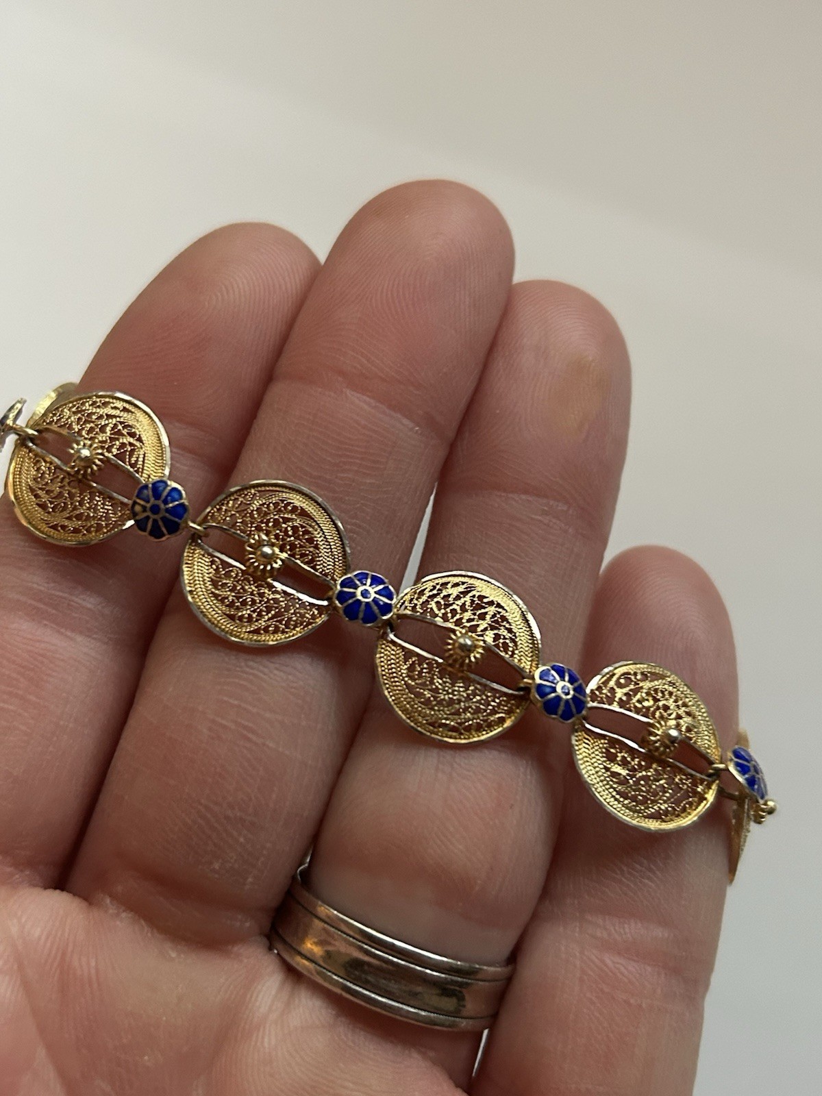 Vintage Solid Silver Gold Wash Blue Enameled Flowers Filigree Bracelet 7.5″