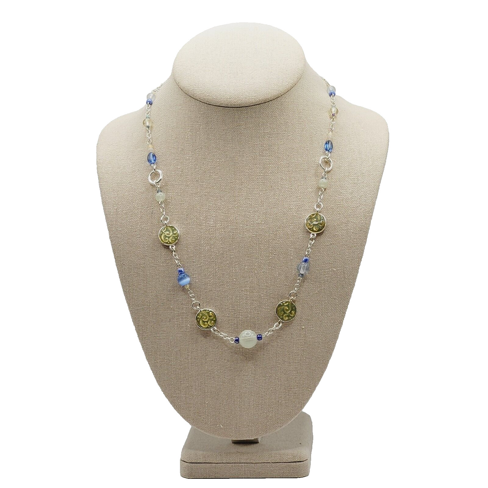Blue & White Moonstone with Glass & Enamel Silver Tone Chain Necklace KR 24 Inch
