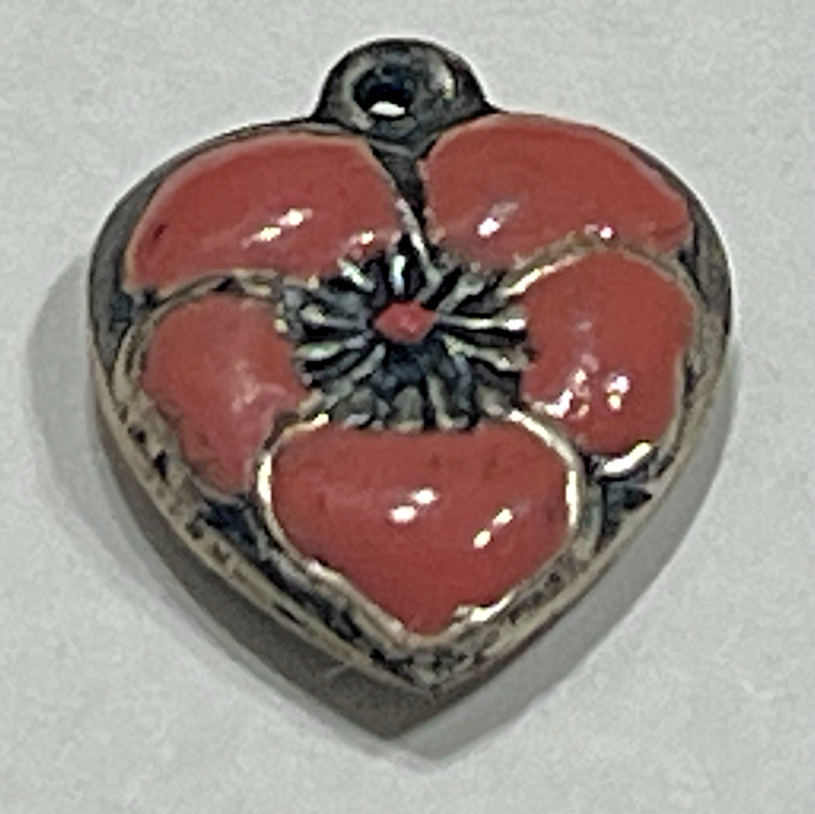 Sterling Silver Heart Flower Charm Puffy Enamel Pansy 925 Vintage Stamped Pink