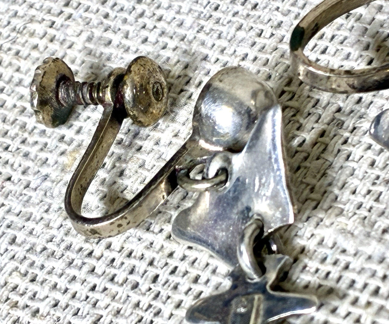 Taxco Silver Fish Dangle Earrings signed IP with Eagle Modernist Screw Back