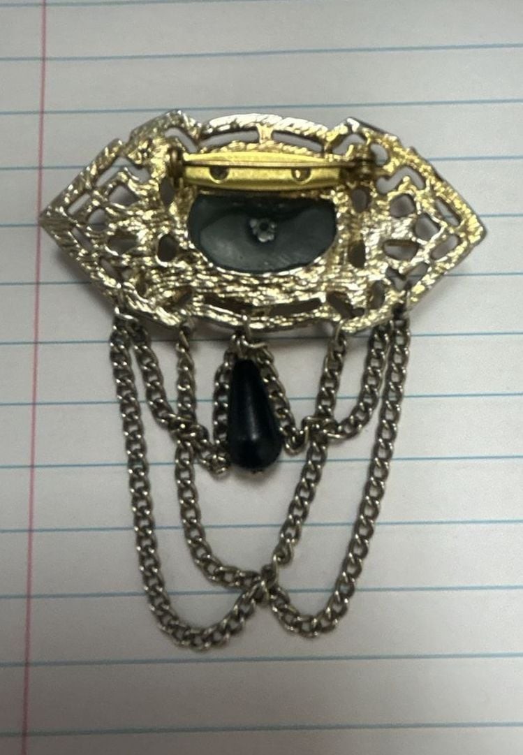 Vintage Filigree Brooch w/ Black Center Faux Stone & Chain Dangle