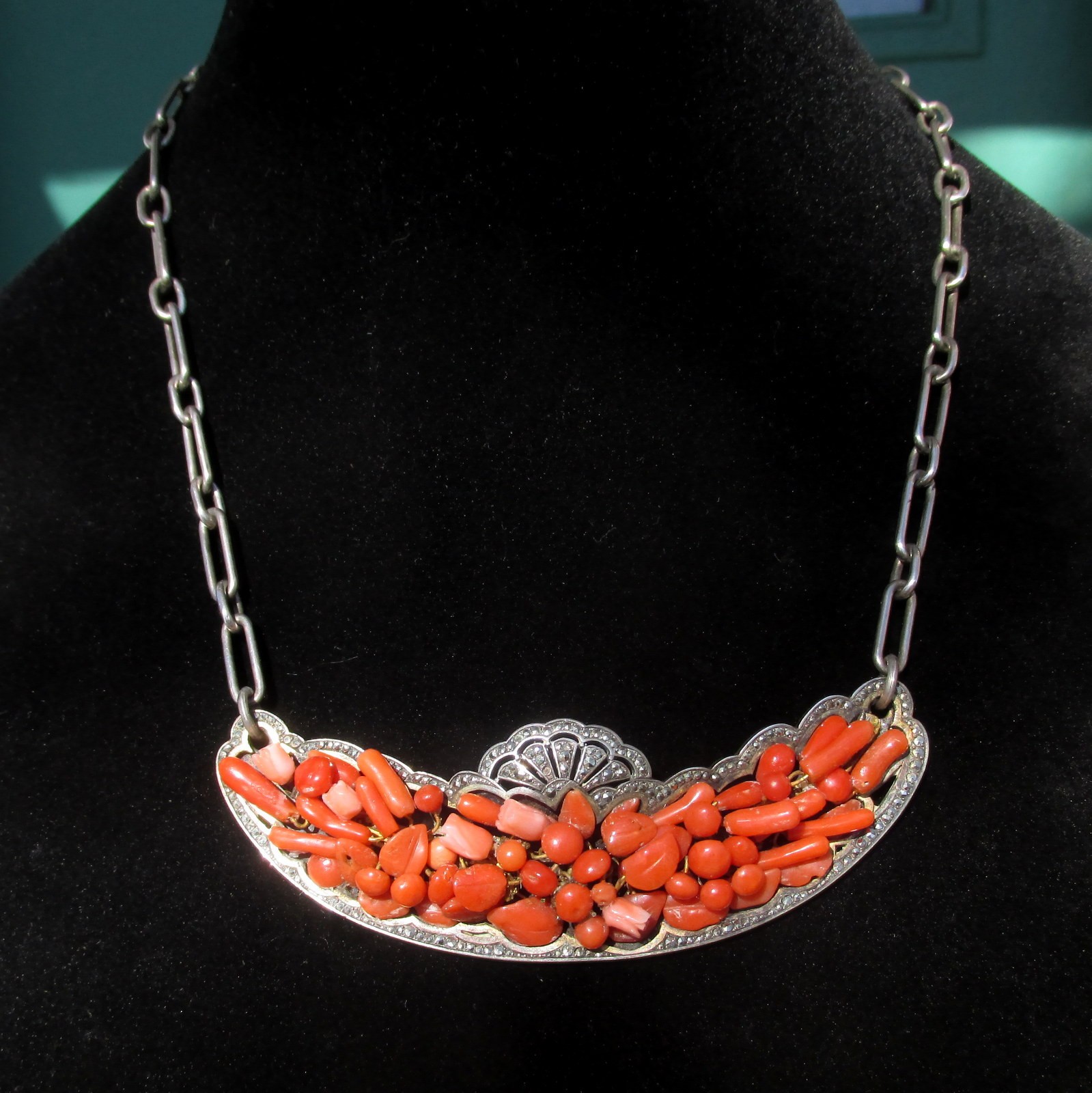 Antique Natural Coral, Marcasite and Sterling Silver Necklace Victorian 1890s