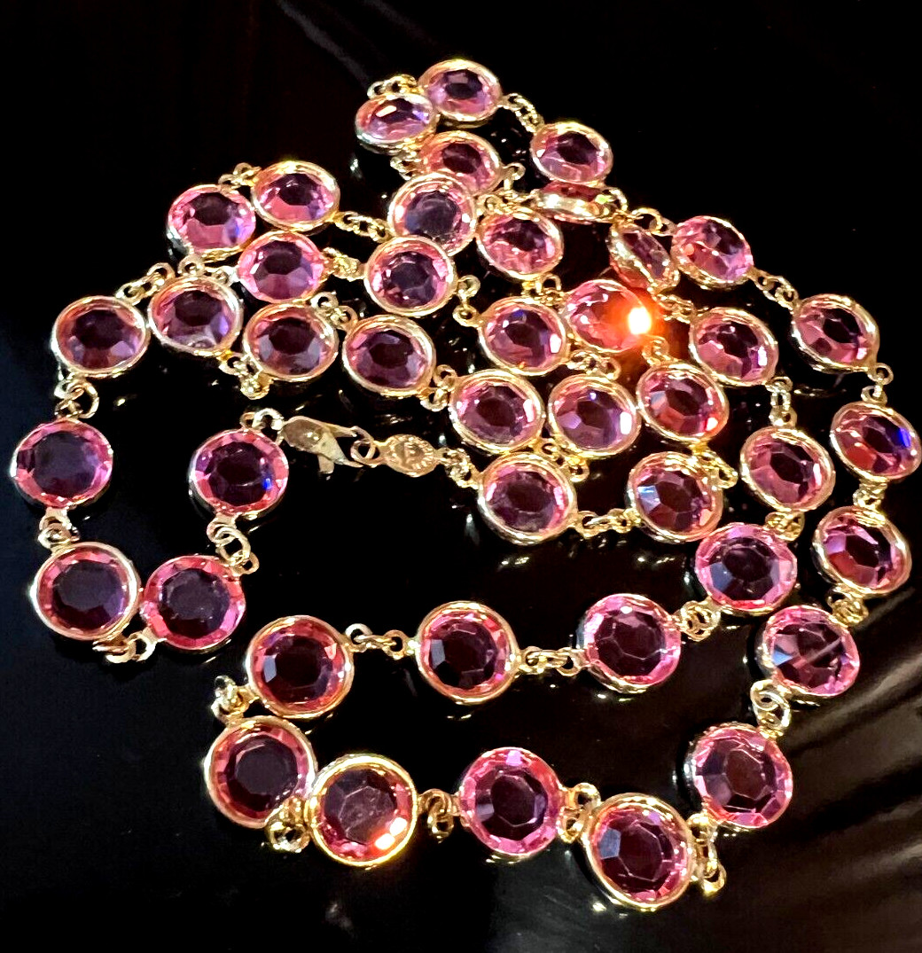 Vintage Pink AUSTRIAN Crystal USA Bezel Set 12 mm Crystals 36″ Long Necklace