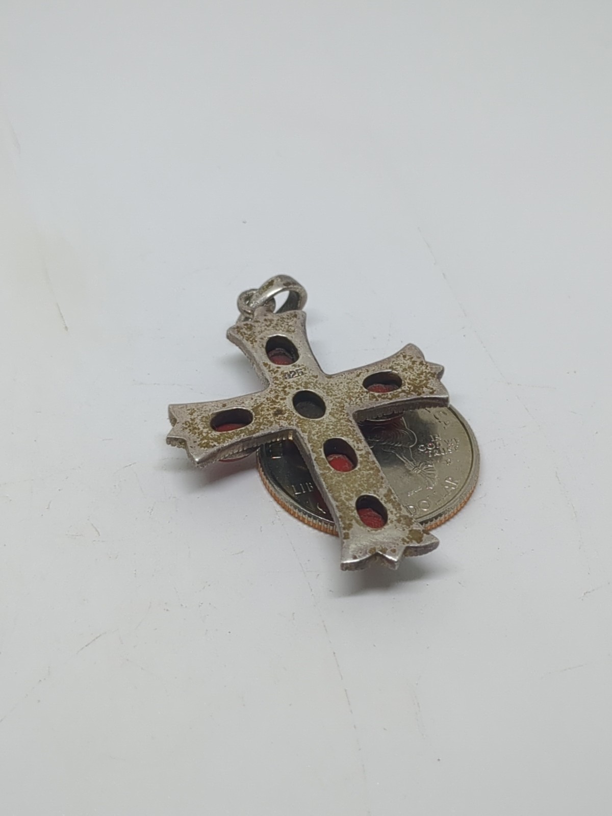 Vintage Sterling Silver 925 Southwestern Red Coral Marcasite Cross Pendant