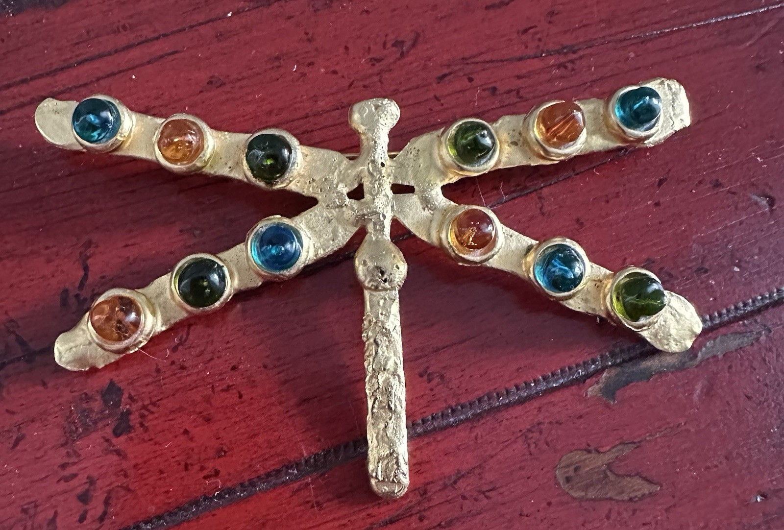 Deanna Hamro Gold Brooch Dragonfly 1980’s Poured Glass Gripoix Cabochon Pin