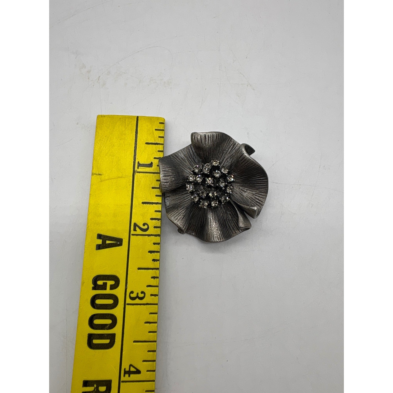Vintage Pewter Flower Blossom Convertible Brooch Pendant Rhinestone 3D Silver
