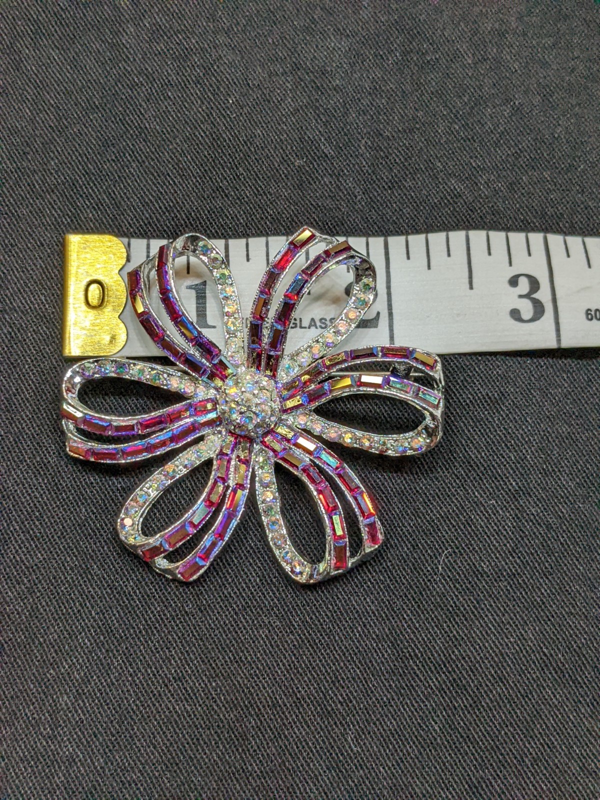 Vtg Flower Brooch Red Baguette Rhinestone AB Crystal Silver Tone Starburst Pin