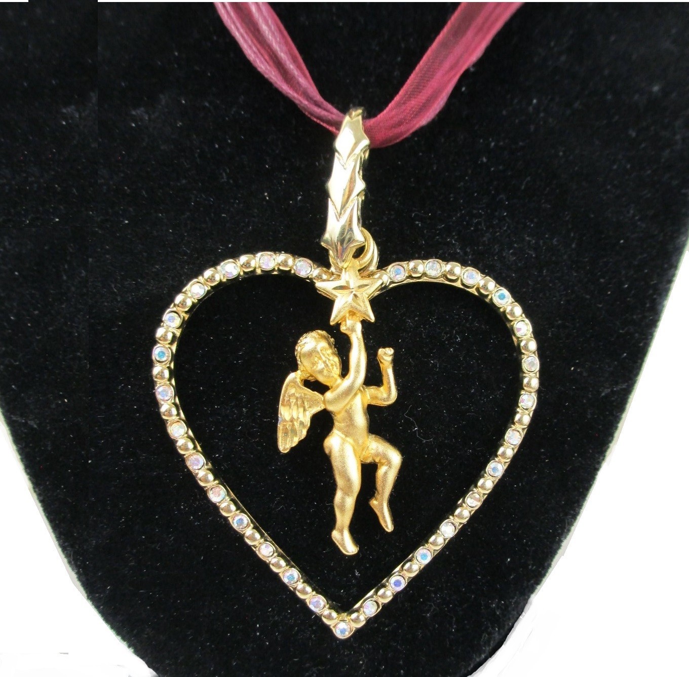 Vintage Gold Cherub Angel AB Rhinestone Heart Necklace LR 1996 Lady Remington