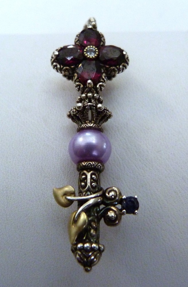 BARBARA BIXBY 18K GOLD STERLING SILVER GARNET IOLITE PEARL KEY ENHANCER PENDANT