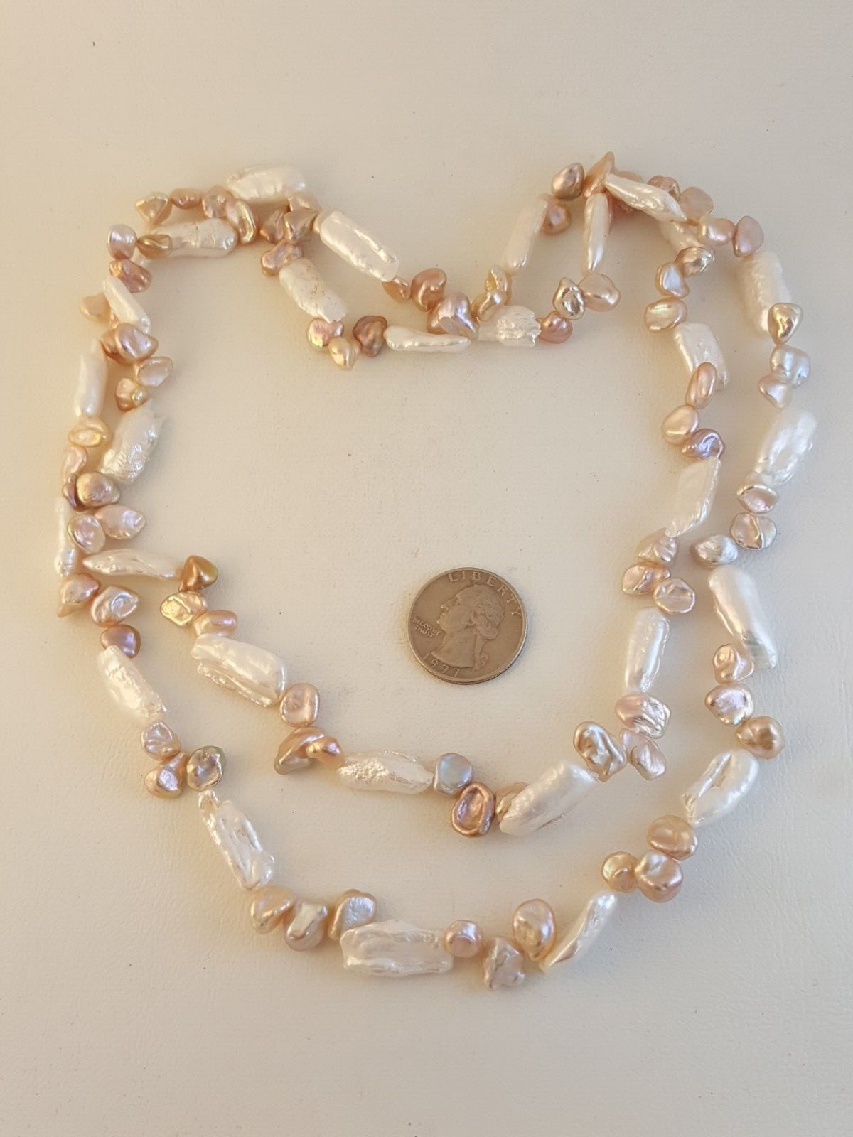 Baroque pearl pink white necklace 40″ long 76 grams
