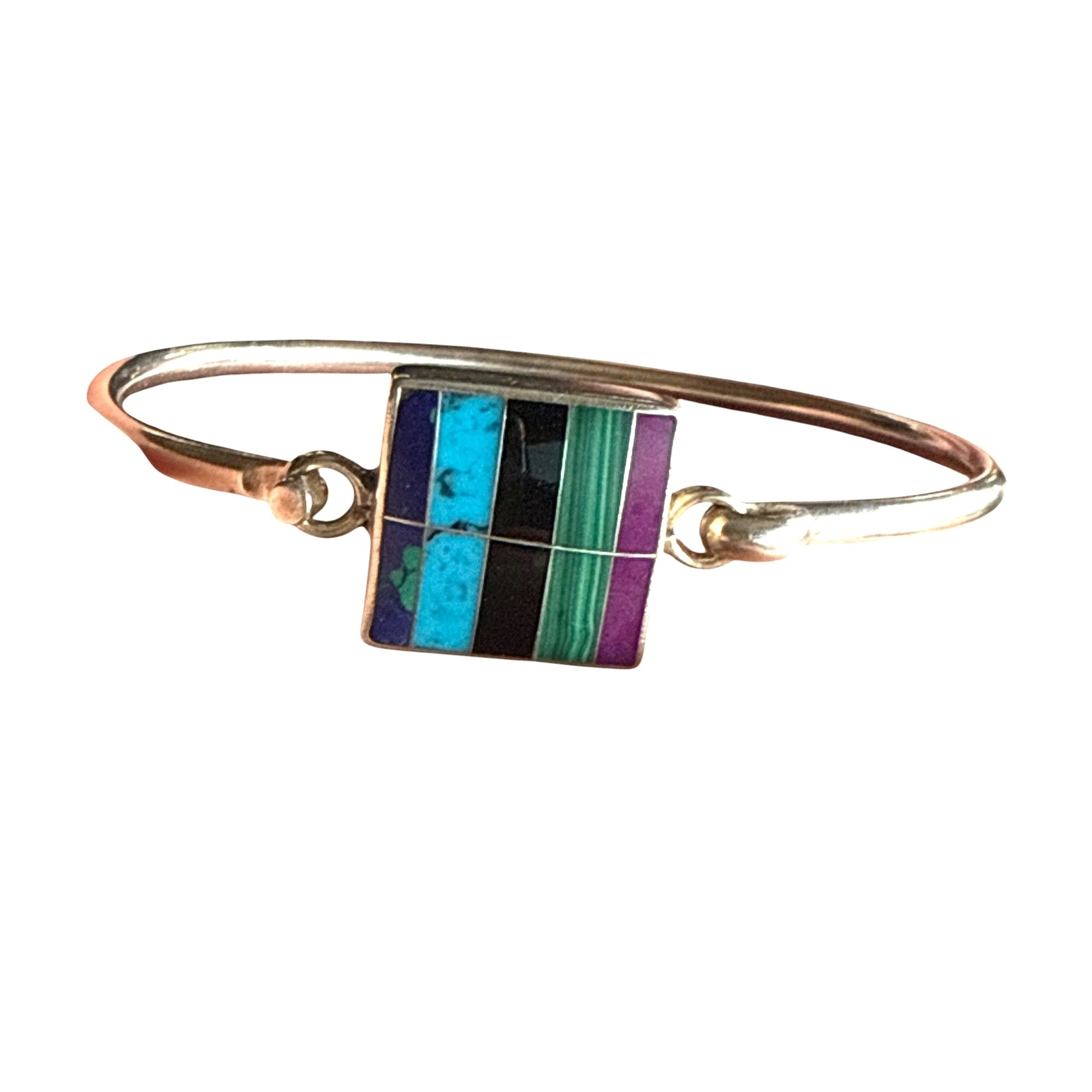 Vintage CII Mexico Sterling Silver Bracelet W/ Inlaid Multicolor Gemstone Panel