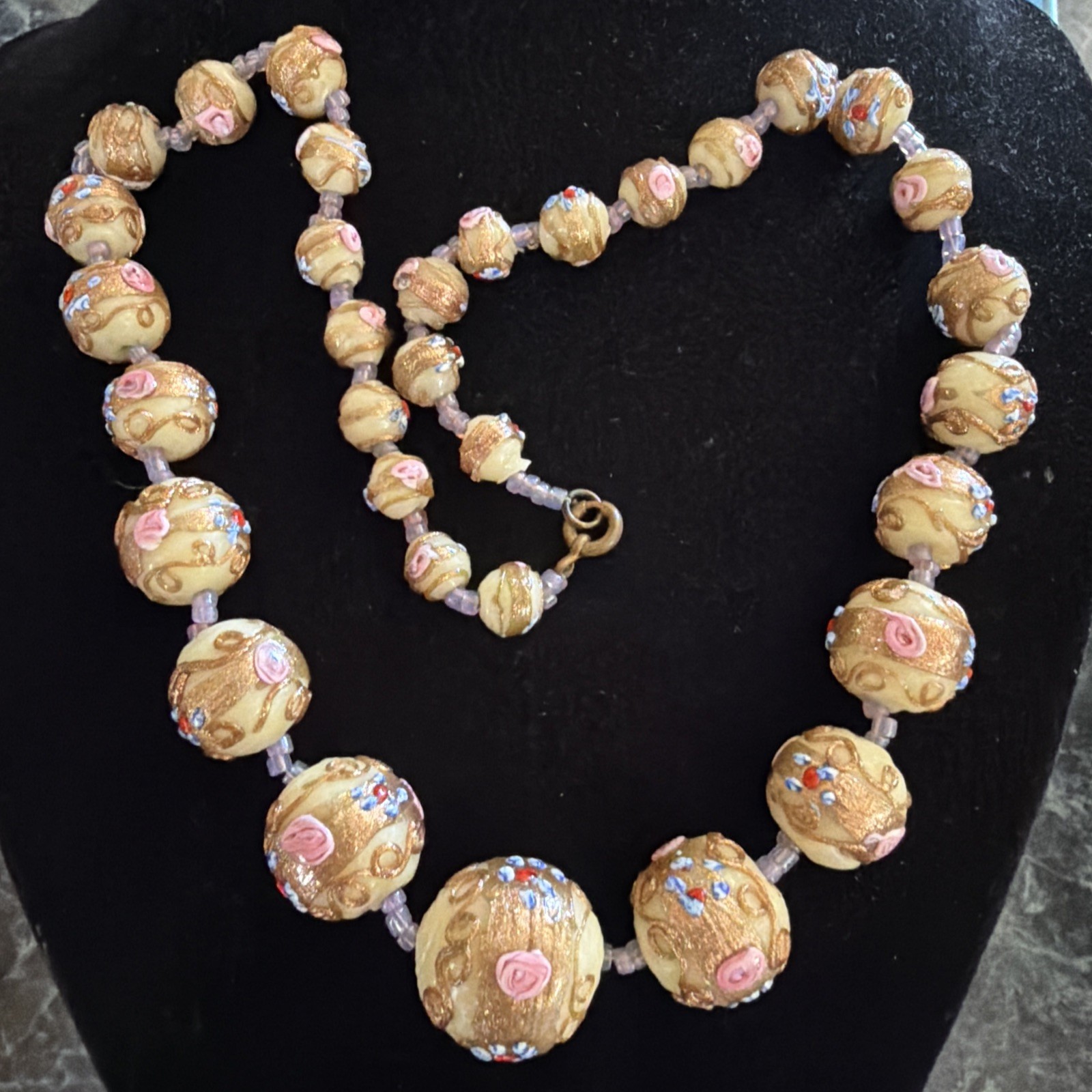 Vintage Murano Venetian Art Glass Necklace, Wedding Cake beads Ivory Gold Pink!