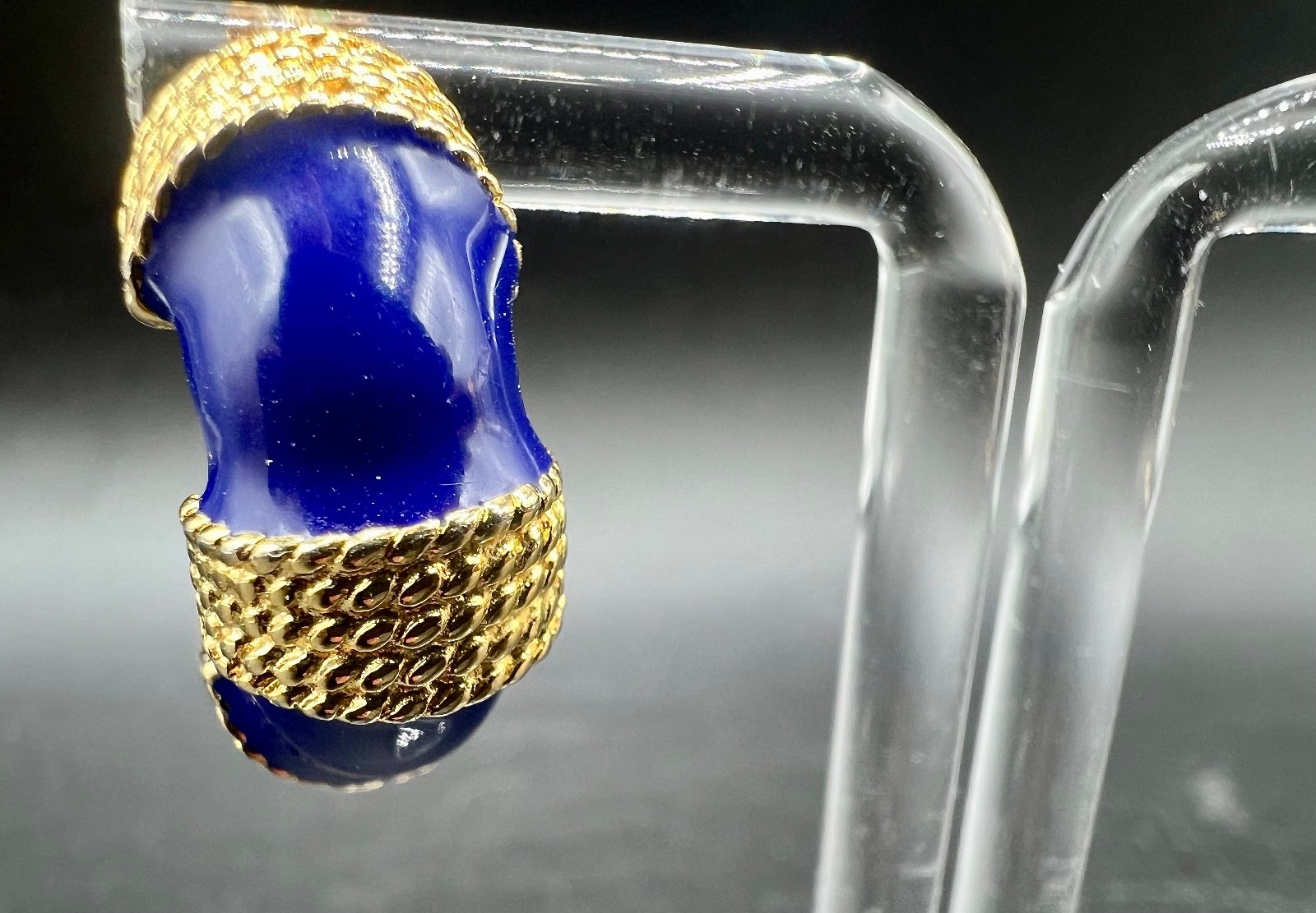 Vtg Gay Boyer Cobalt Blue Enamel J Hoop Earrings Gold Tone Rope Signed Statement