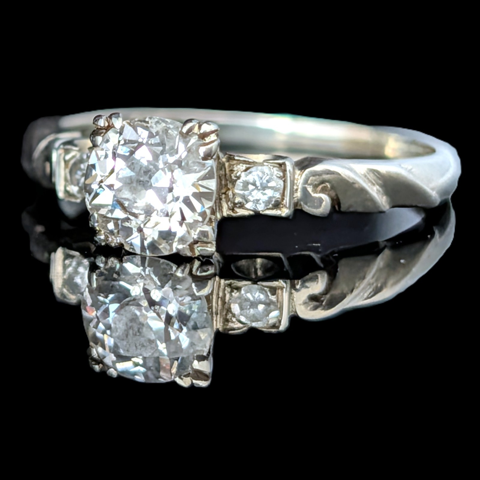 Vintage Old European Cut Diamond 14k White Gold Engagement Ring Estate Retro