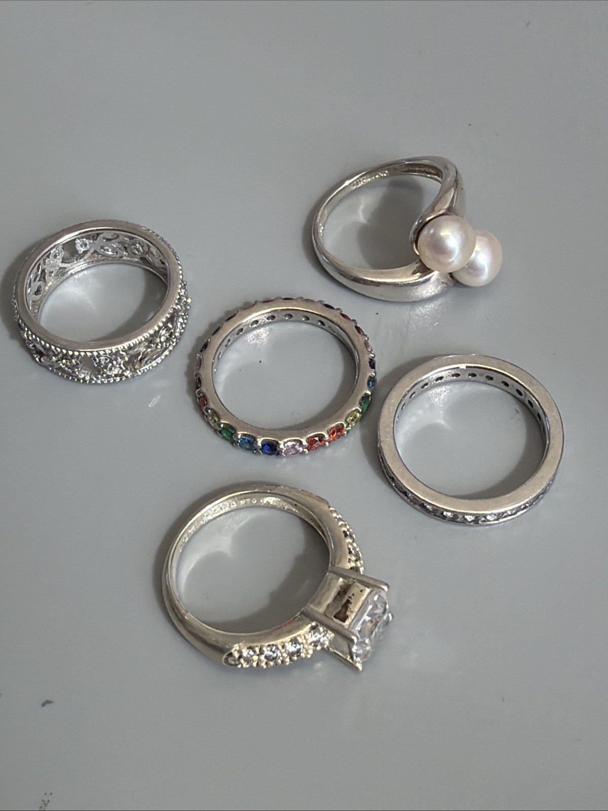 Sterling Silver Lot Of 5 Various Pearl CZ Multicolor And White Rings Size 5