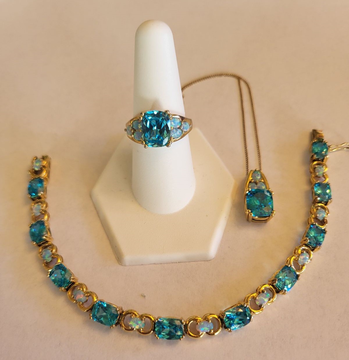 Sterling Silver Vermeil Aqua Blue Gemstone & Opal Bracelet Ring Necklace Parure