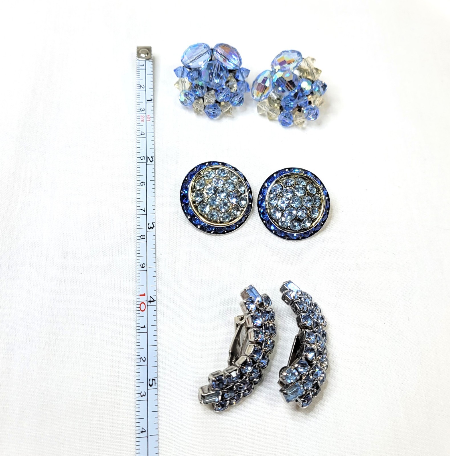 Vtg Clip On Earrings Lot 3 Pair Rhinestone Bead Blue Mid Century Heirloom Retro
