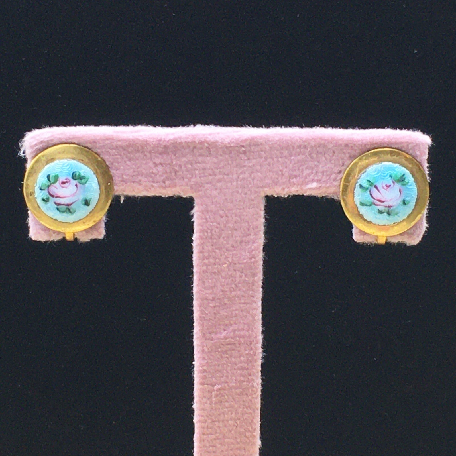 Guilloche Floral Earrings Gold Tone Teal Blue Pink Rose Painted Screw Back .5″